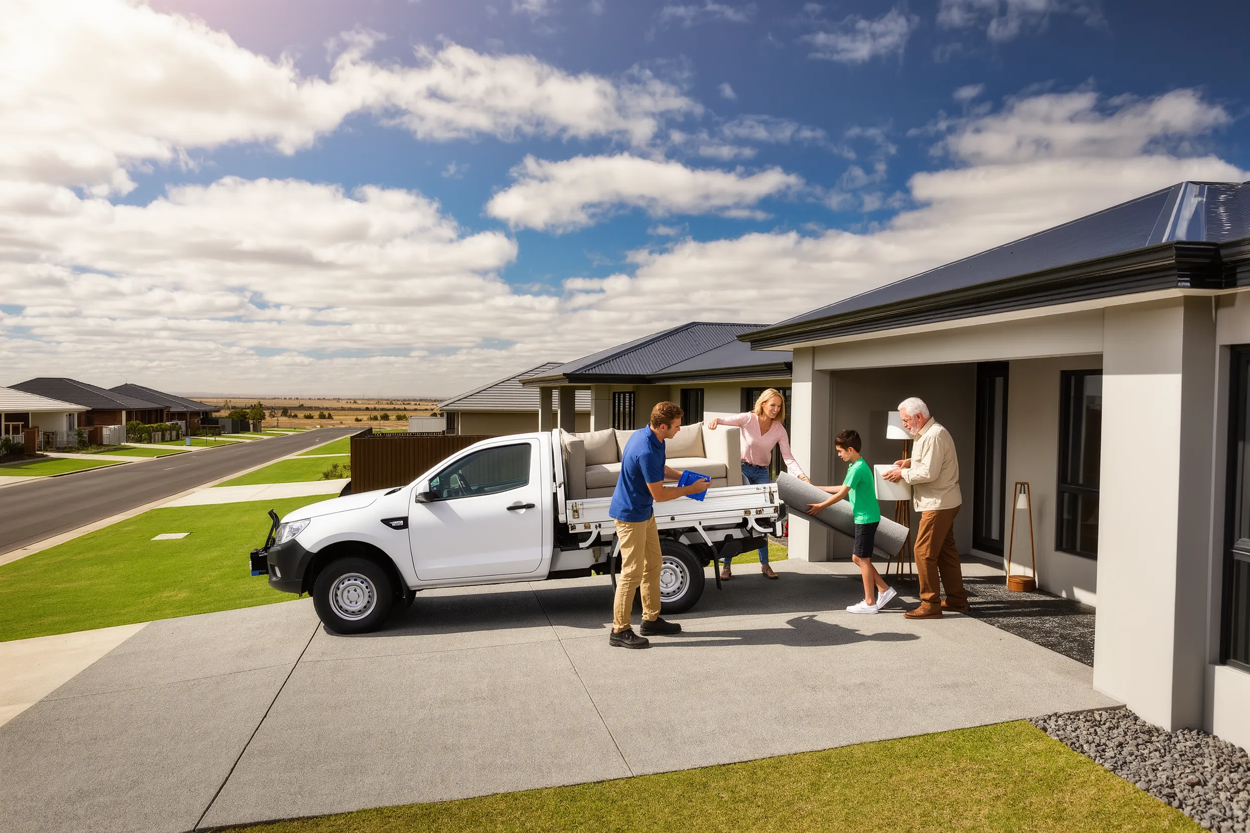 Family outside a new home nearby
